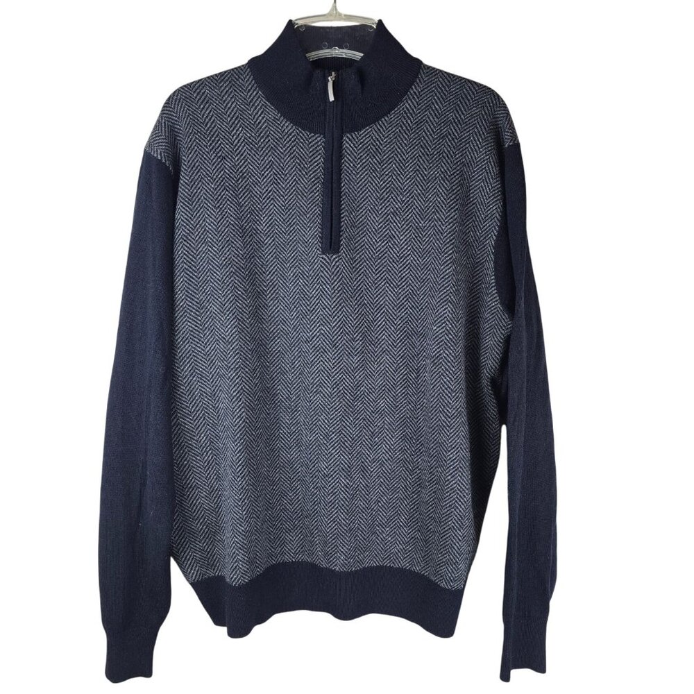 Neiman Marcus Navy &‎ Gray Herringbone 1/4 Zip Merino Wool Blend Sweater Mens L